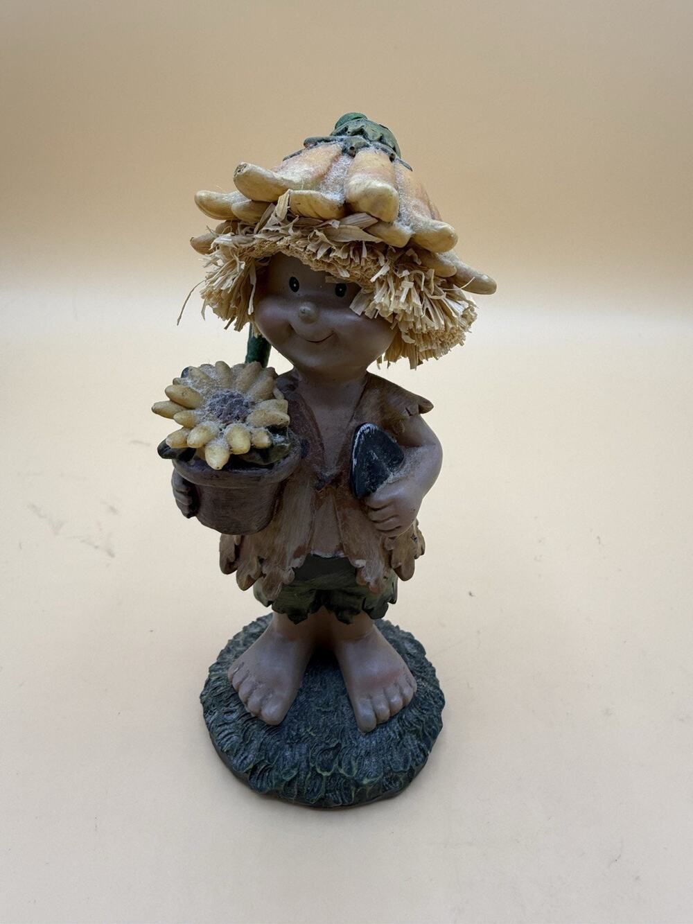 Garden Flower Child Figurine Sunflower Pot Resin Fairy Elf Boy 6.5” Decor